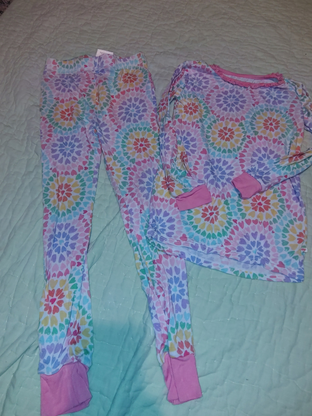 Ruffle Butts Pastel Rainbow Floral Tie-Dye Pajama Set with Pink Trim
